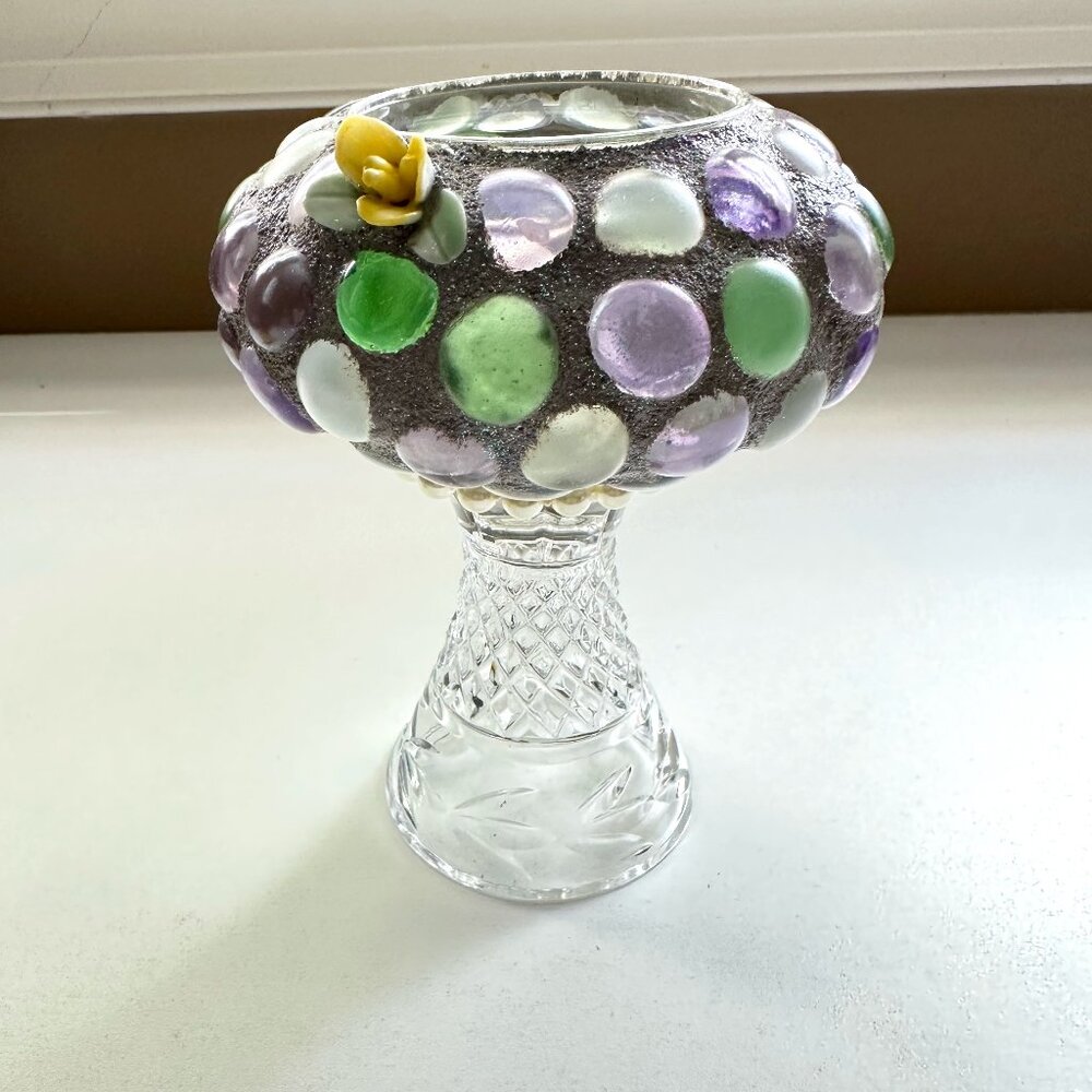 Handmade Glass Pebble Cement Votive/Small Plant Holder Pearl Detail‎ Floral